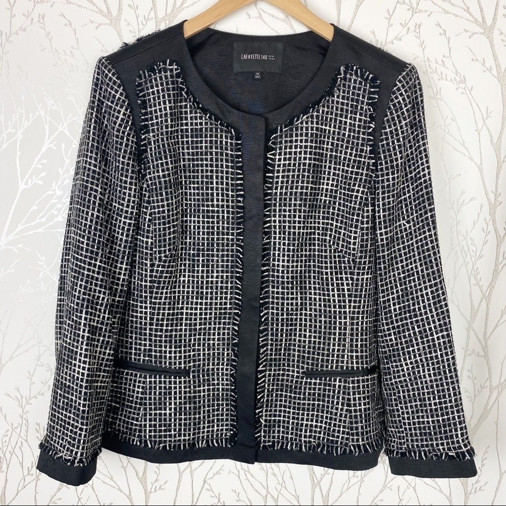 LAFAYETTE 148 NEW YORK Black Textured Tweed Grid Fringe Blazer Jacket 14 office - Picture 15 of 16